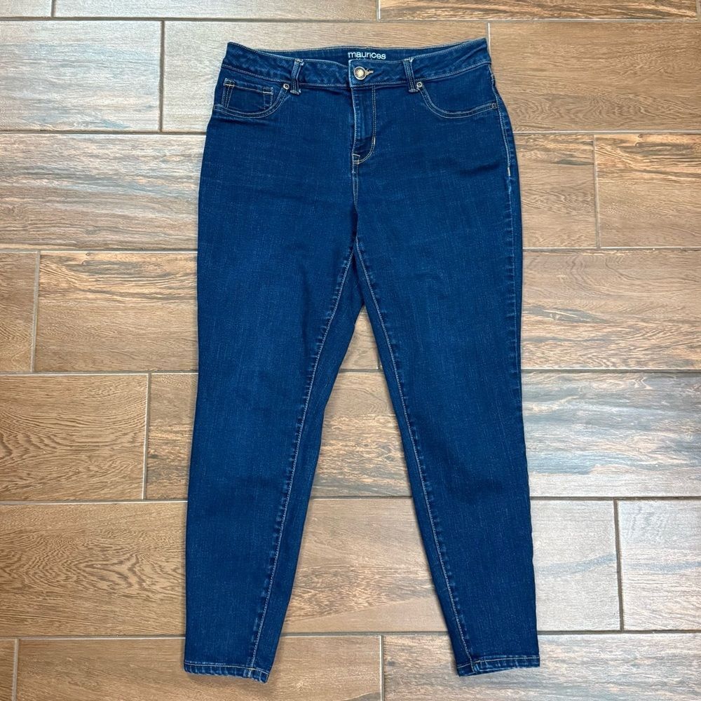 Women's Stretch Jeans Maurices High Rise Skinny Dark Rinse Sz LARGE SHORT PETITE